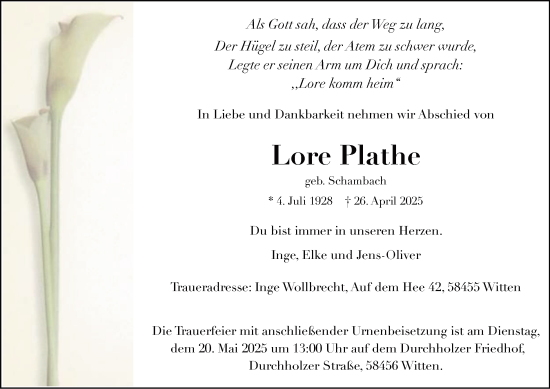 Traueranzeige von Lore Plathe 