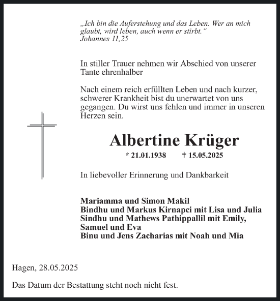 Traueranzeige von Albertine Krüger von Tageszeitung