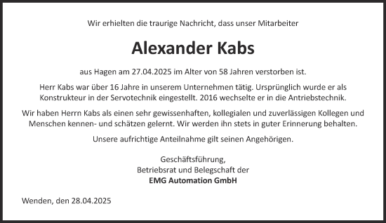 Traueranzeige von Alexander Kabs von Tageszeitung