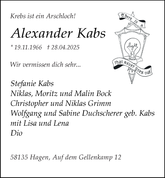 Traueranzeige von Alexander Kabs von Tageszeitung