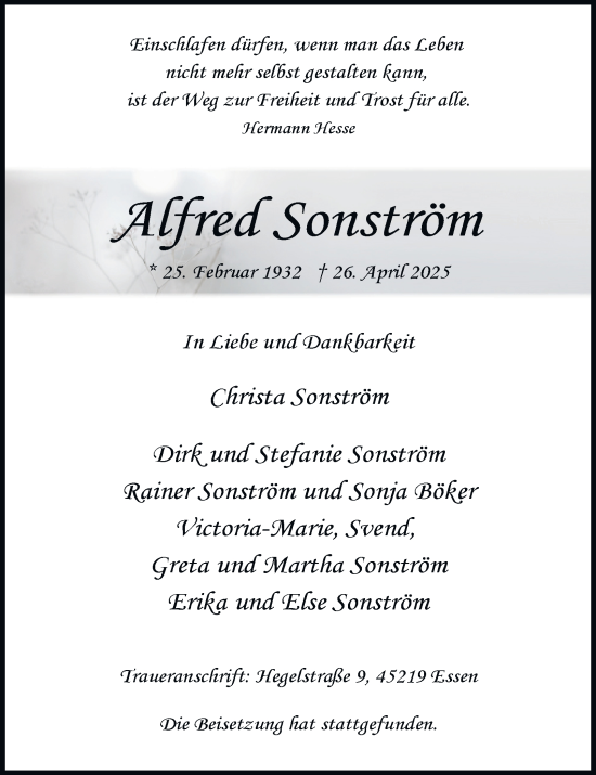 Traueranzeige von Alfred Sonström von Tageszeitung