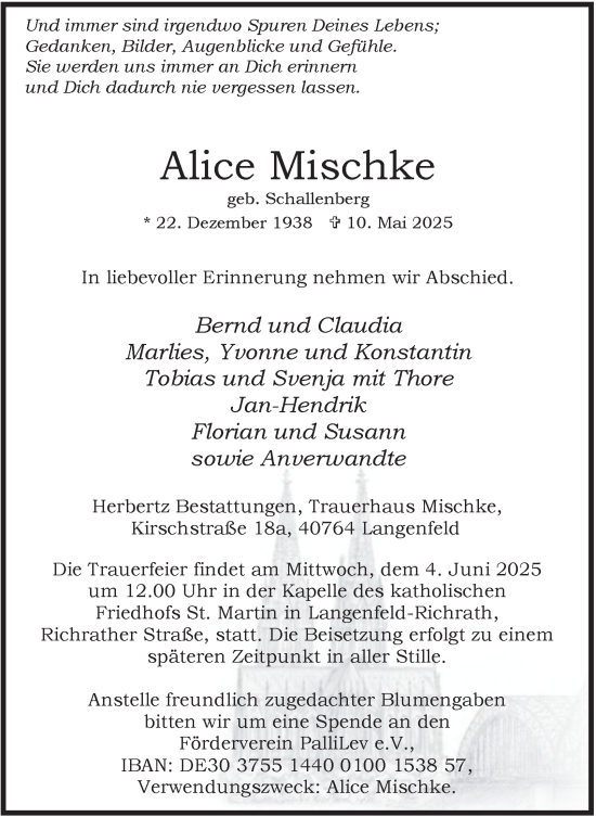 Traueranzeige von Alice Mischke von Tageszeitung
