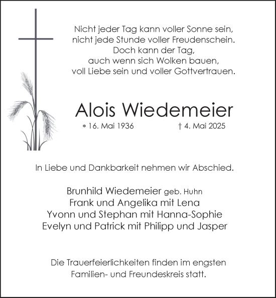 Traueranzeige von Alois Wiedemeier von Tageszeitung