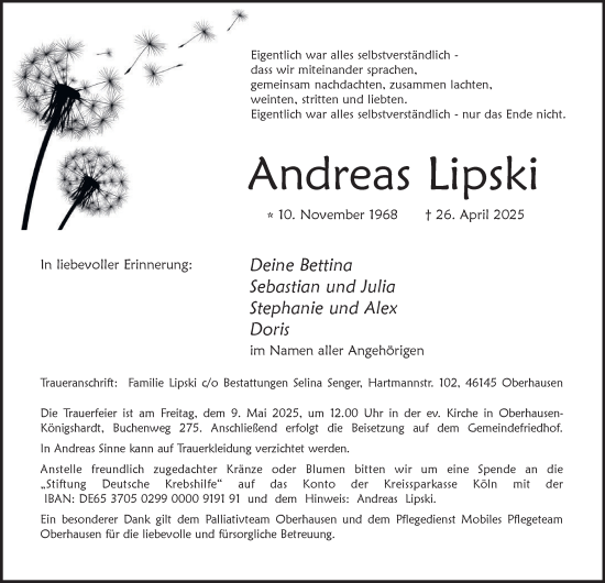 Traueranzeige von Andreas Lipski von Tageszeitung