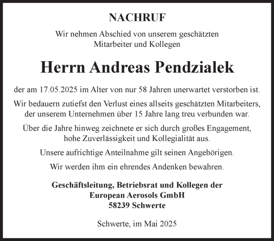 Traueranzeige von Andreas Pendzialek von Tageszeitung