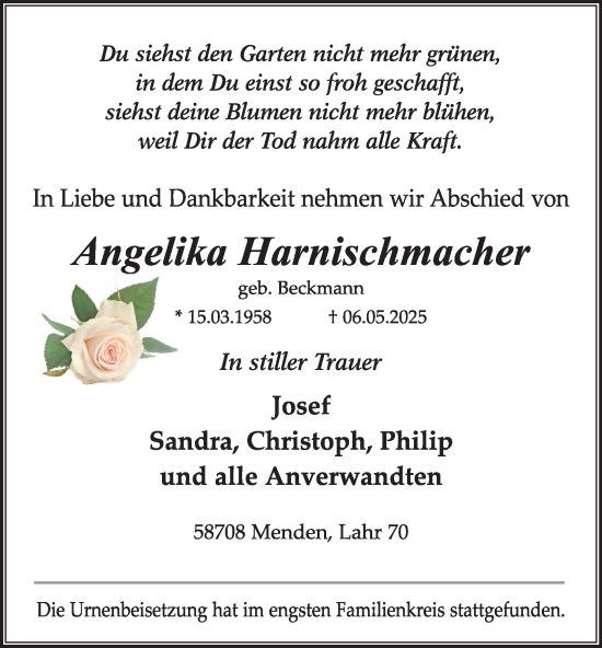 Traueranzeige von Angelika Harnischmacher von Tageszeitung