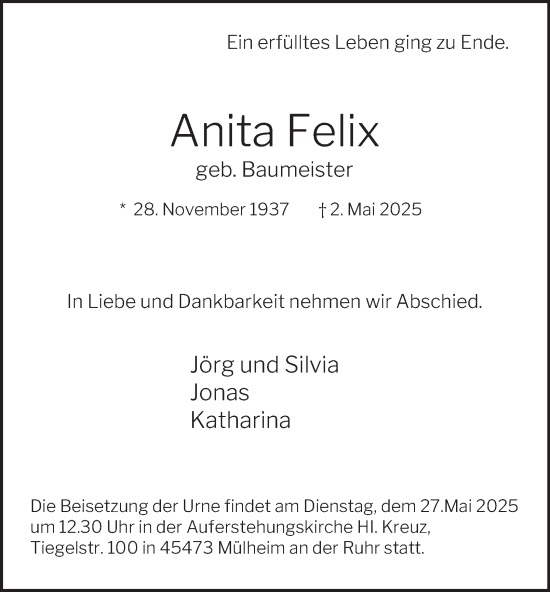 Traueranzeige von Anita Felix von Tageszeitung