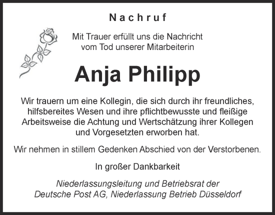 Traueranzeige von Anja Philipp von Tageszeitung