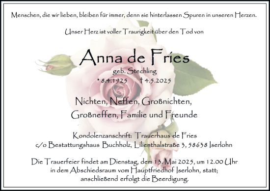 Traueranzeige von Anna de Fries von Tageszeitung