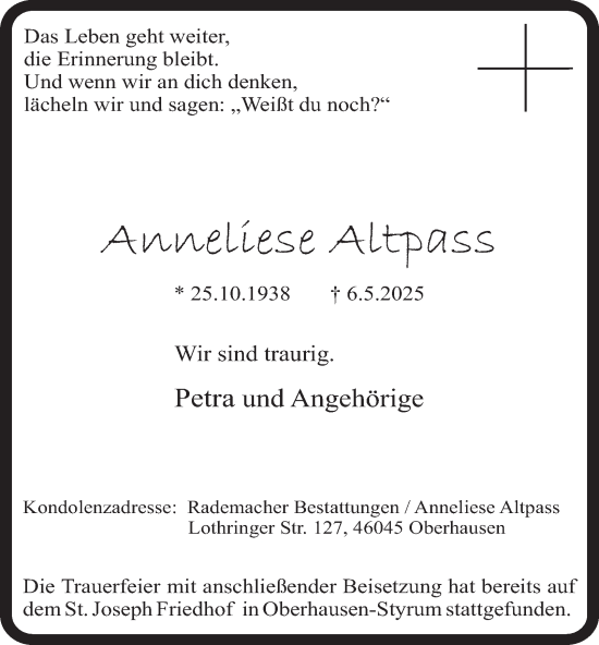 Traueranzeige von Anneliese Altpass von Tageszeitung