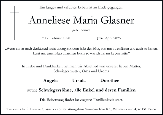 Traueranzeige von Anneliese Maria Glasner von Tageszeitung