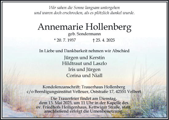 Traueranzeige von Annemarie Hollenberg von Tageszeitung