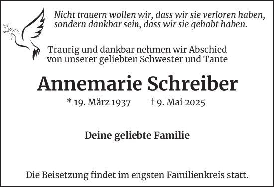 Traueranzeige von Annemarie Schreiber von Tageszeitung