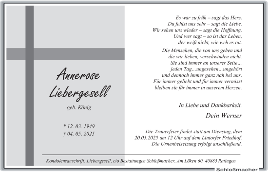 Traueranzeige von Annerose Liebergesell von Tageszeitung