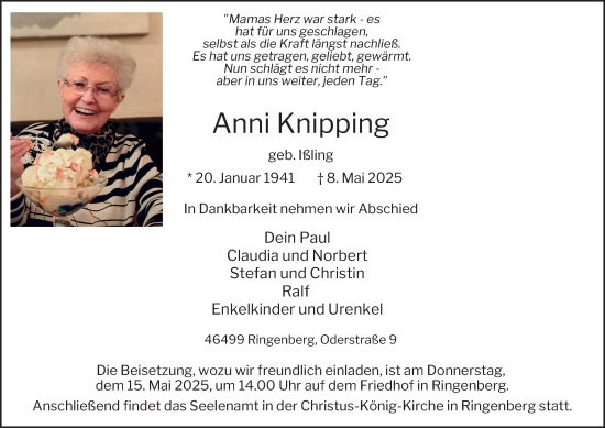 Traueranzeige von Anni Knipping von Tageszeitung