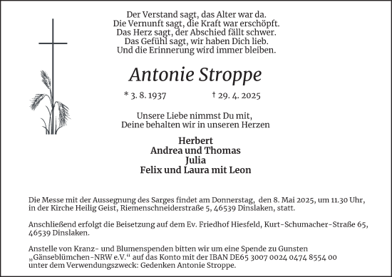 Traueranzeige von Antonie Stroppe von Tageszeitung