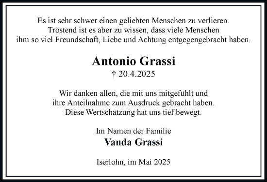 Traueranzeige von Antonio Grassi von Tageszeitung