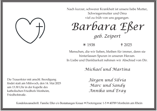Traueranzeige von Barbara Eßer von Tageszeitung
