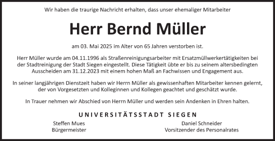 Traueranzeige von Bernd Müller von Tageszeitung