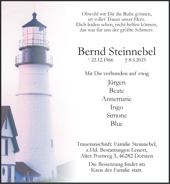 Traueranzeige von Bernd Steinnebel von Tageszeitung