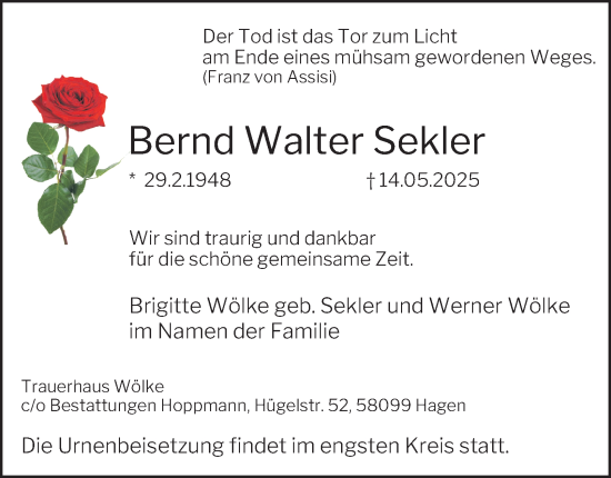 Traueranzeige von Bernd Walter Sekler von Tageszeitung