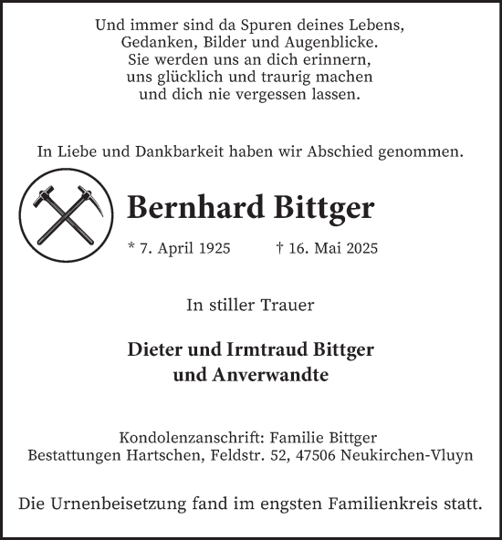 Traueranzeige von Bernhard Bittger von Tageszeitung