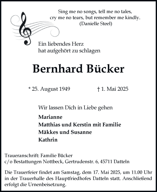 Traueranzeige von Bernhard Bücker von Tageszeitung