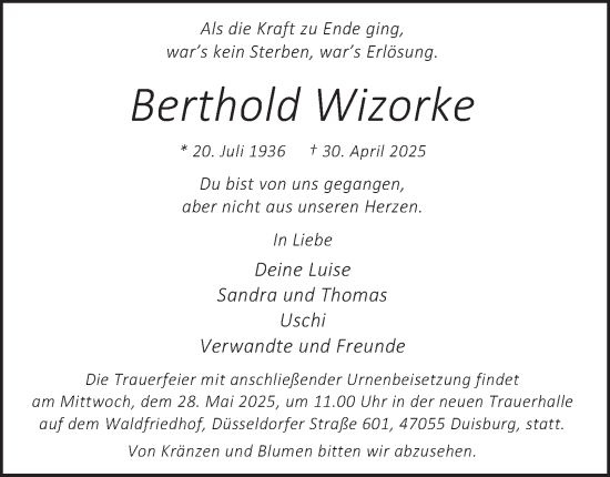 Traueranzeige von Berthold Wizorke von Tageszeitung