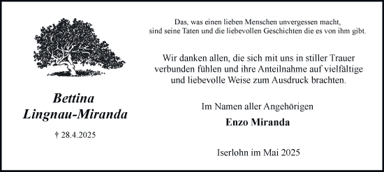 Traueranzeige von Bettina Lingnau-Miranda von Tageszeitung