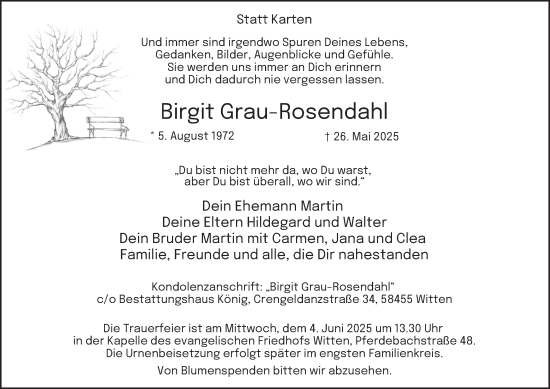 Traueranzeige von Birgit Grau-Rosendahl von Tageszeitung