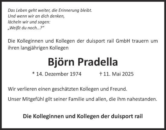 Traueranzeige von Björn Pradella von Tageszeitung