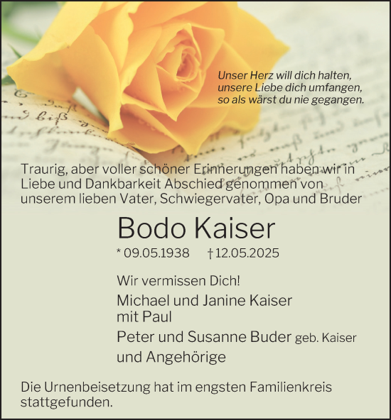 Traueranzeige von Bodo Kaiser von Tageszeitung