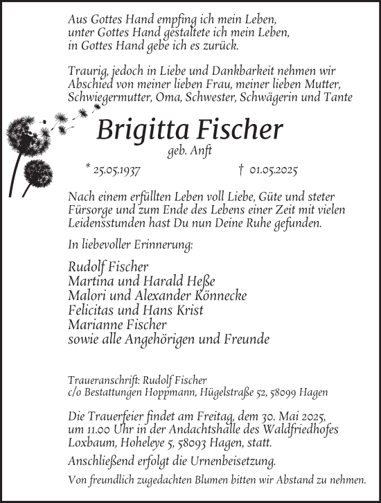Traueranzeige von Brigitta Fischer von Tageszeitung