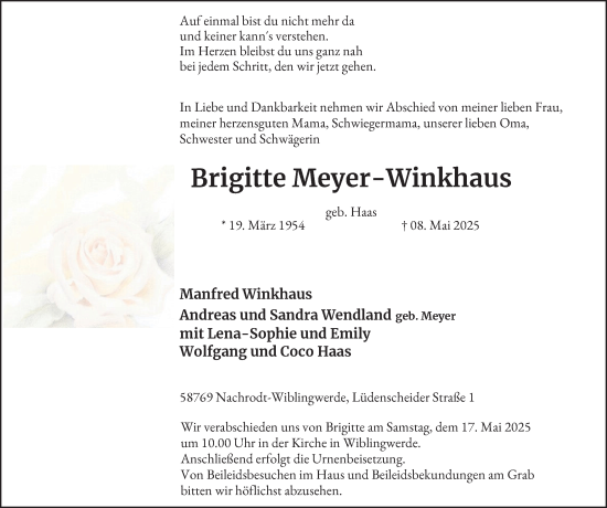 Traueranzeige von Brigitte Meyer-Winkhaus von Tageszeitung