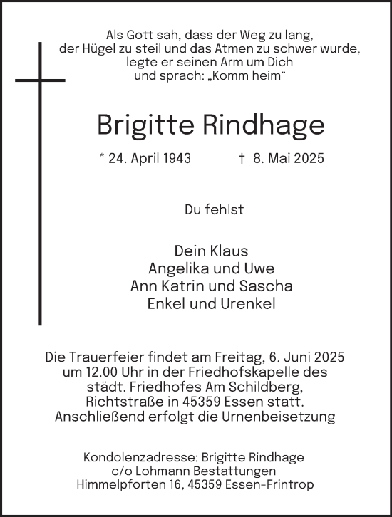 Traueranzeige von Brigitte Rindhage von Tageszeitung