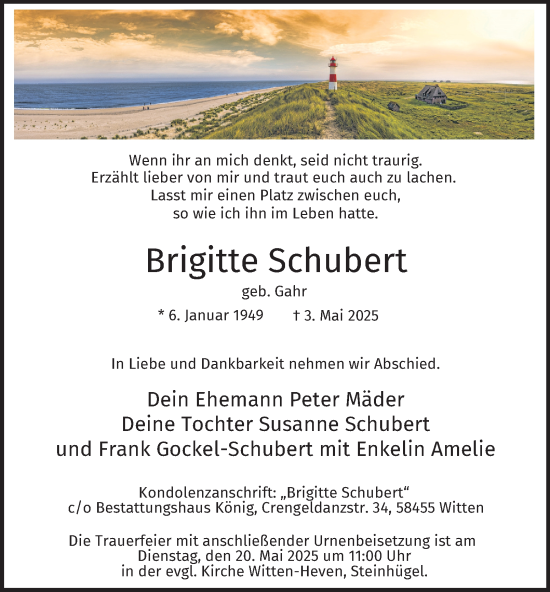 Traueranzeige von Brigitte Schubert von Tageszeitung