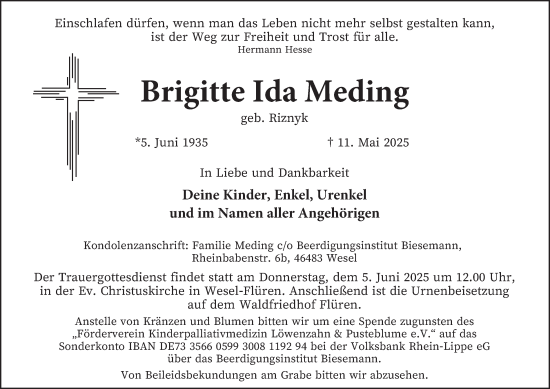 Traueranzeige von Brigitte Ida Meding von Tageszeitung