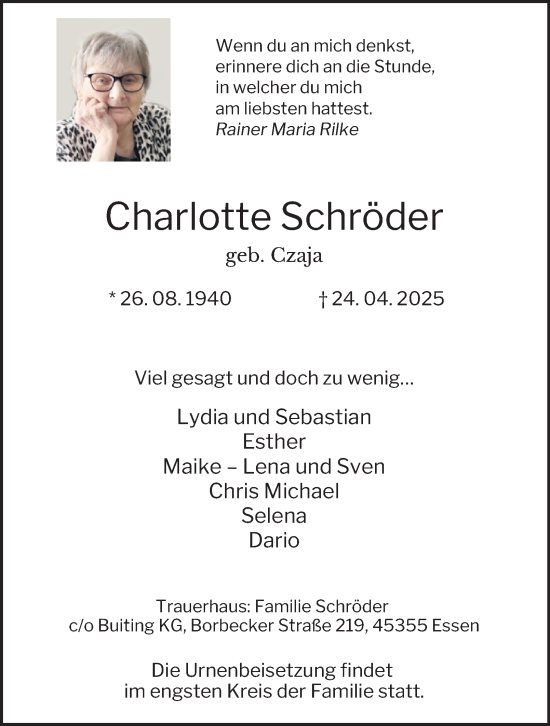 Traueranzeige von Charlotte Schröder von Tageszeitung