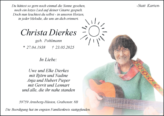 Traueranzeige von Christa Dierkes von Tageszeitung