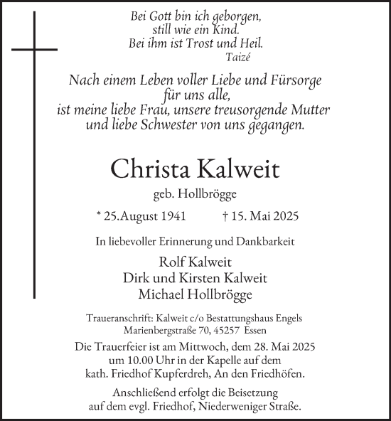 Traueranzeige von Christa Kalweit von Tageszeitung
