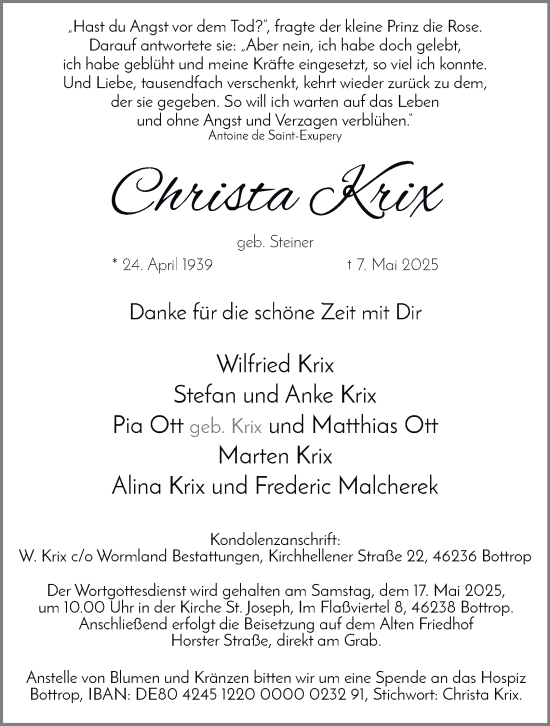 Traueranzeige von Christa Krix von Tageszeitung