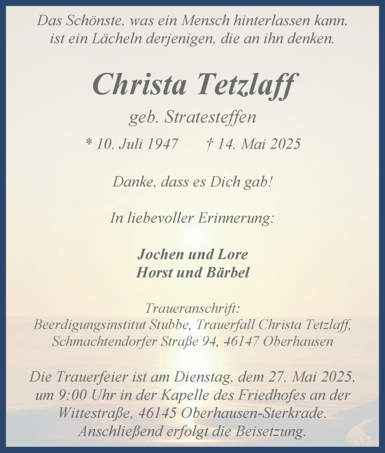 Traueranzeige von Christa Tetzlaff von Tageszeitung