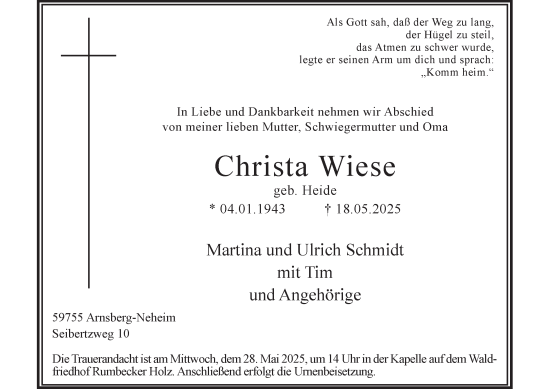 Traueranzeige von Christa Wiese von Tageszeitung