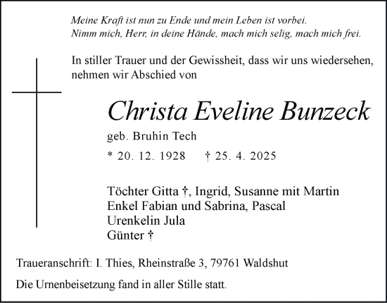 Traueranzeige von Christa Eveline Bunzeck von Tageszeitung