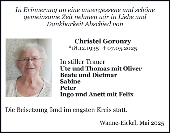 Traueranzeige von Christel Goronzy von Tageszeitung