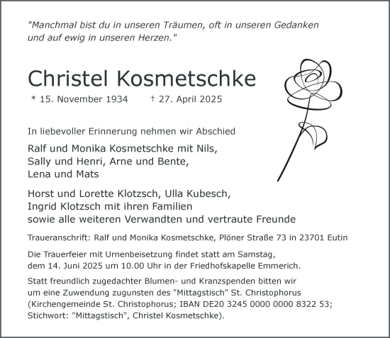 Traueranzeige von Christel Kosmetschke von Tageszeitung