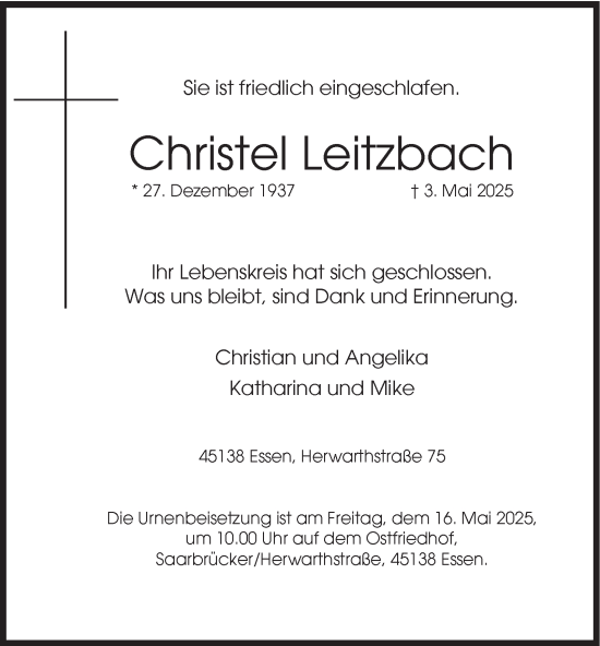 Traueranzeige von Christel Leitzbach von Tageszeitung