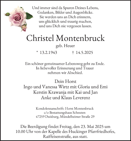 Traueranzeige von Christel Montenbruck von Tageszeitung