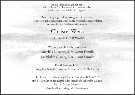 Traueranzeige von Christel Weiss von Tageszeitung