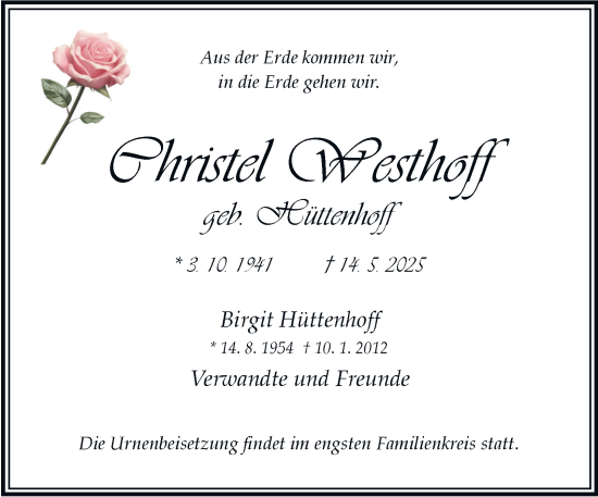 Traueranzeige von Christel Westhoff von Tageszeitung